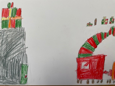Kinderzeichung: ein Haus mit großem Geschenk auf dem Dach und ein Eisenbahnwagen mit Zipfelmütze