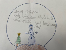 Kinderzeichnung: Wunschkugel mit Schneemann und Christbaum