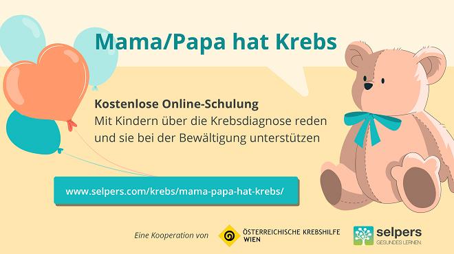 Plakat zur kostenlosen Online Schulung "Mama/Papa hat Krebs"