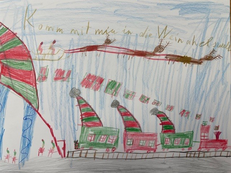 Kinderzeichnung: mehrere Eisenbahnwagen mit Zipfelmützen