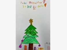 Kinderzeichnung: Christbaum mit Geschenken