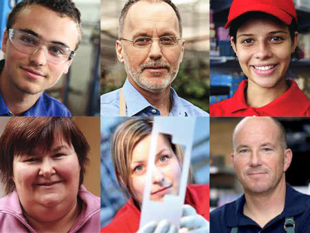sechs Porträts von Personen in unterschiedlichen Berufen