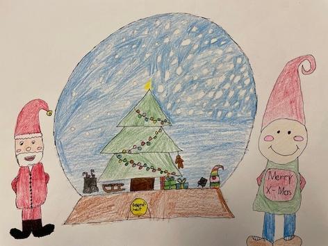 Zeichnung eines Volksschulkinds: Wünschekugel mit Christbaum, auf deren Sockel "Gesundheit" steht.