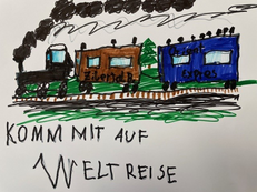 Kinderzeichung: eine dampfende Lokomotive