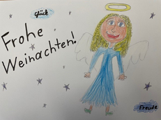 Kinderzeichnung: eine blonder Engel mit Heiligenschein