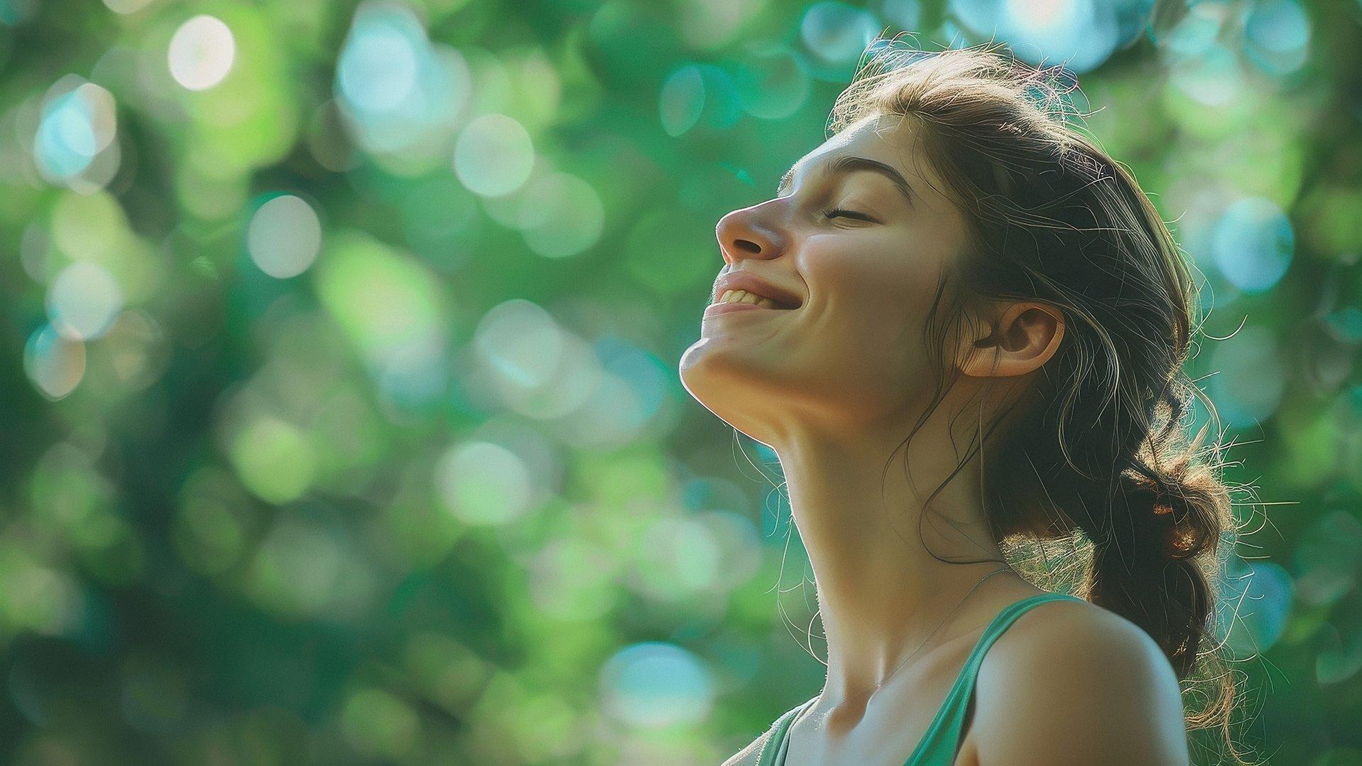 Frau lächelt und atmet tief ein